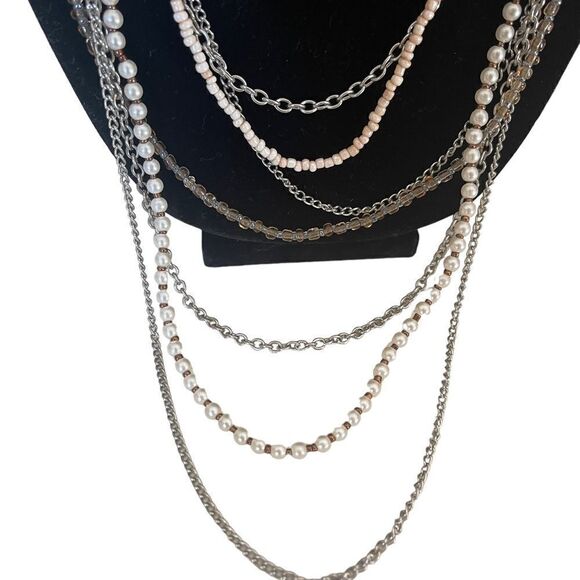 Long Seven Strand Silver-tone, Faux Pearl, and Bead Chain Necklace - Picture 12 of 12
